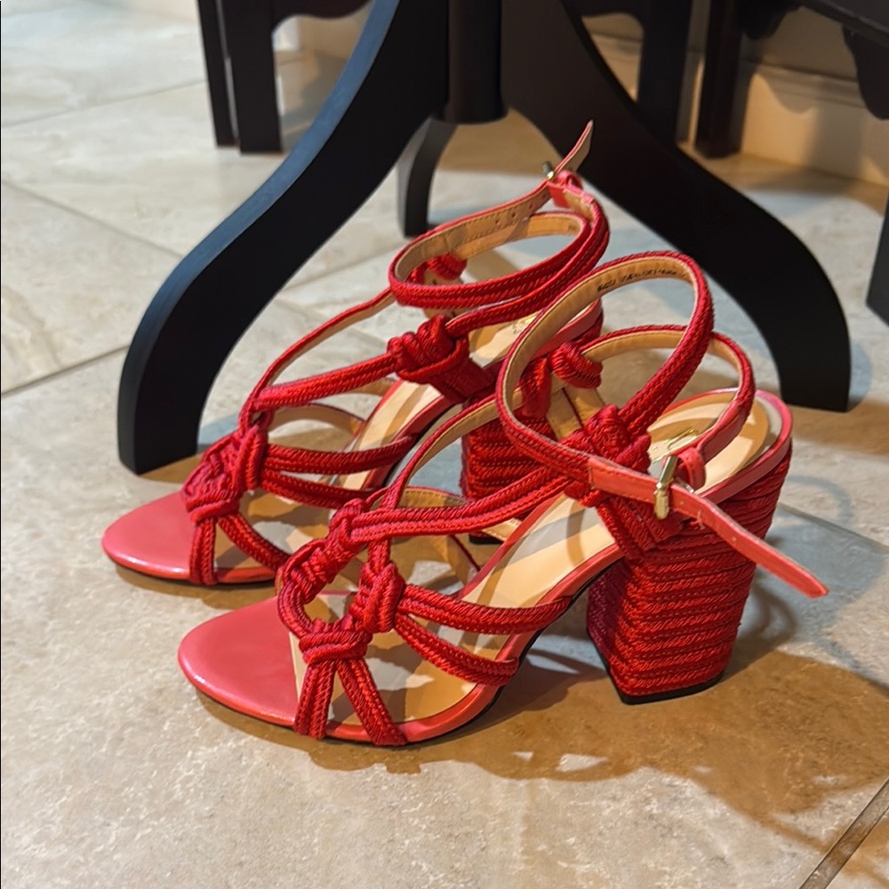 Red Strappy Heels with Chunky Cylindrical Heel